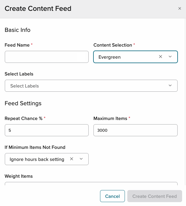 The Create Content Feed modal with Evergreen selected as the content type